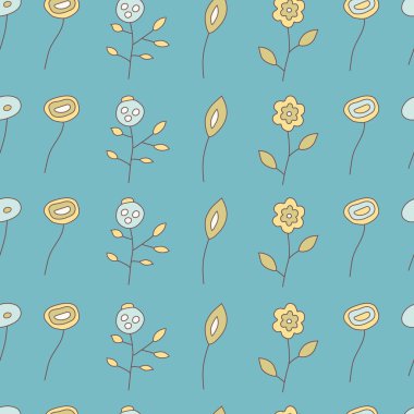 Mavi bir arka plan üzerinde değişik çiçek seamless modeli