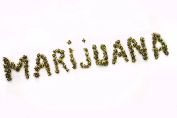 Słowo napisane w pąki marihuana marihuana — Zdjęcie stockowe