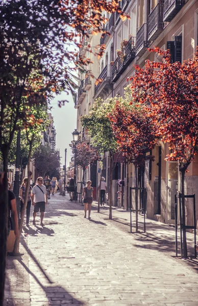 Madrid, Spanien - 26 April: Gammal smal gata med några café i Apr — Stockfoto