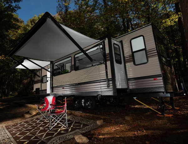 Travel trailer with camp set up at Falls Lake in North Carolina