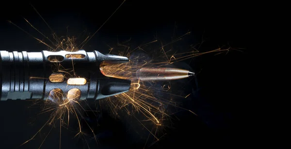 Copper Plated Bullet Smoke Sparks Leaving Barrel Black Background — Stock Photo, Image