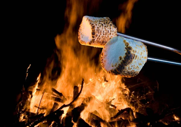 两个棉花糖被烤在篝火上 以制造烟雾 — 图库照片