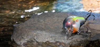 Bir kayanın üzerindeki balık yeminin arkasında hareket eden su.