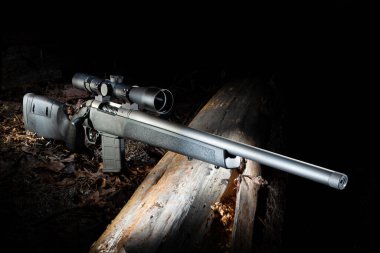 Çağdaş sürgülü bir tüfeğin arkasındaki karanlık arka plan. Düşmüş bir ağacın üzerinde duran görüş dürbünü var..