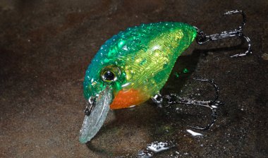 Büyük bir gaga, bu ıslak yeşil ve turuncu balık oltasını levrek ve diğer balıkları yakalamak için bir çift çengeli ile derinden kovalar..