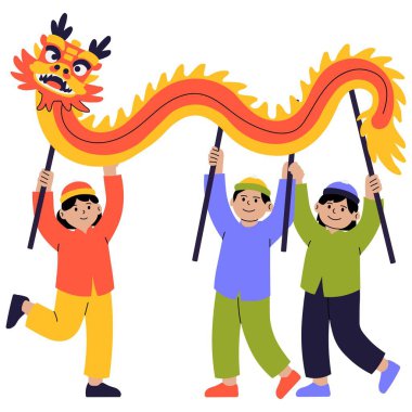 Performers celebrating festival with vibrant dragon dance performance Illustration