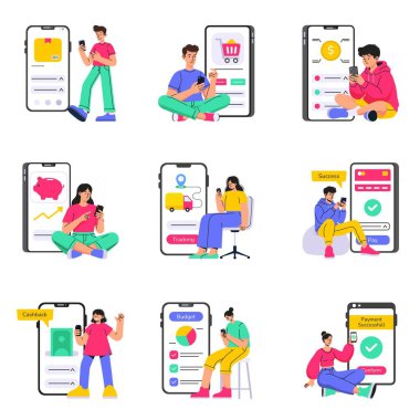 Checking balance  transaction history and cashback rewards on phone  Illustration Set 2