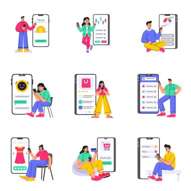 Managing personal finances and savings through mobile banking app  Illustration Set 1