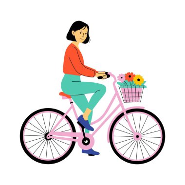 Riding bicycle with basket full of flowers illustration