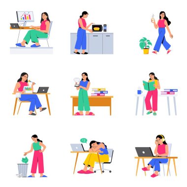 Günlük ofis görevleri ve modern çalışma alanı resimleme seti 2