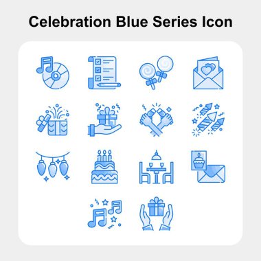 Modern Cesur Tasarım Mavi Simgeleri 'nde Neşeli Anlar, Havai fişekler ve Bayram Sembolleri Mutluluğu, Tezahüratı ve birlikteliği temsil ediyor