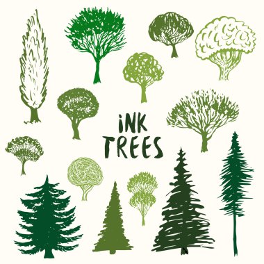 Green trees silhouette vector collection.