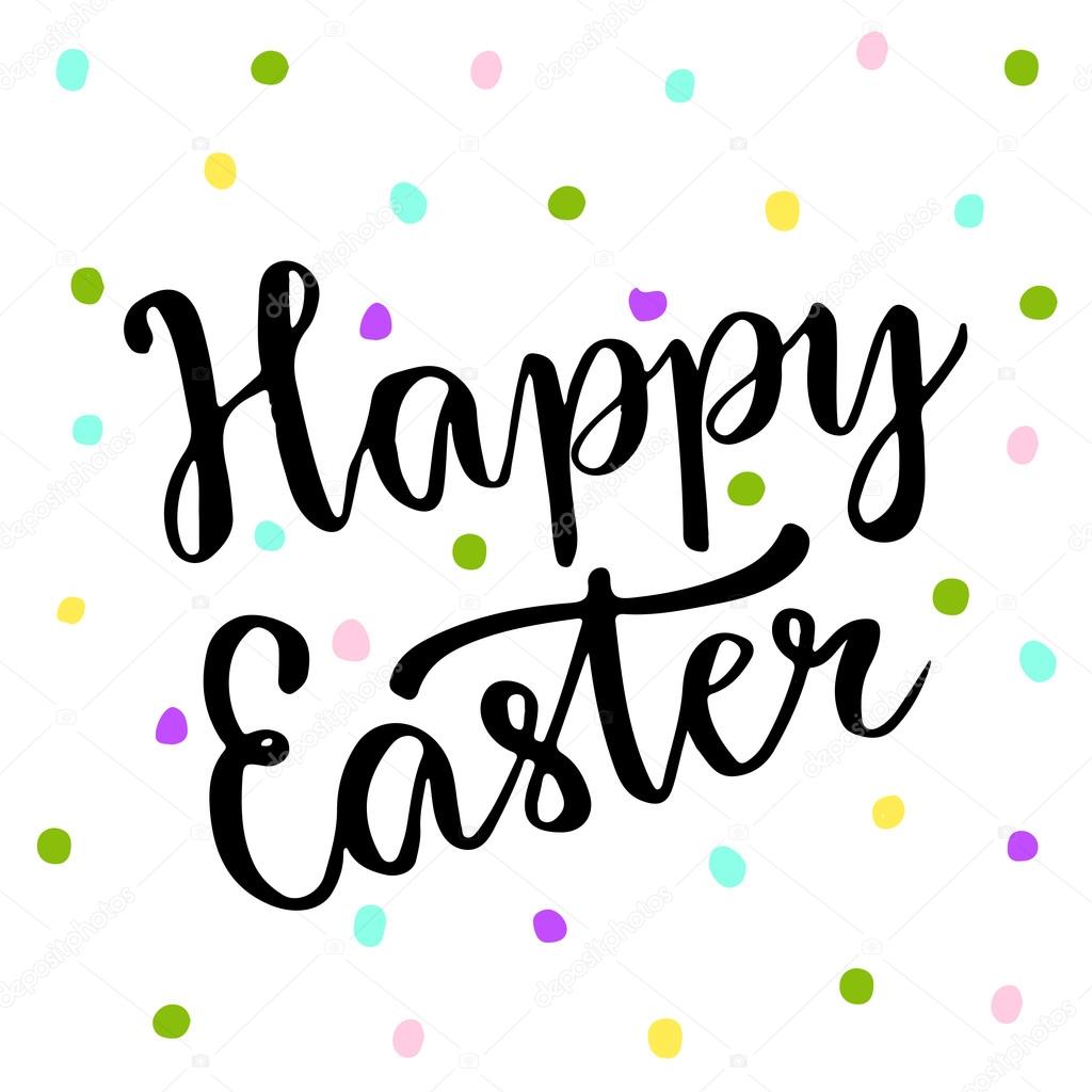 Cute Happy easter text on colors dots blackboard. Easter party card. Vector illustration.