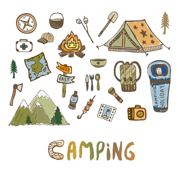 Elementos de camping dibujados a mano . — Vector de stock