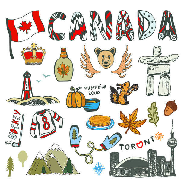 Sketch hand drawn collection of Canada symbols. 