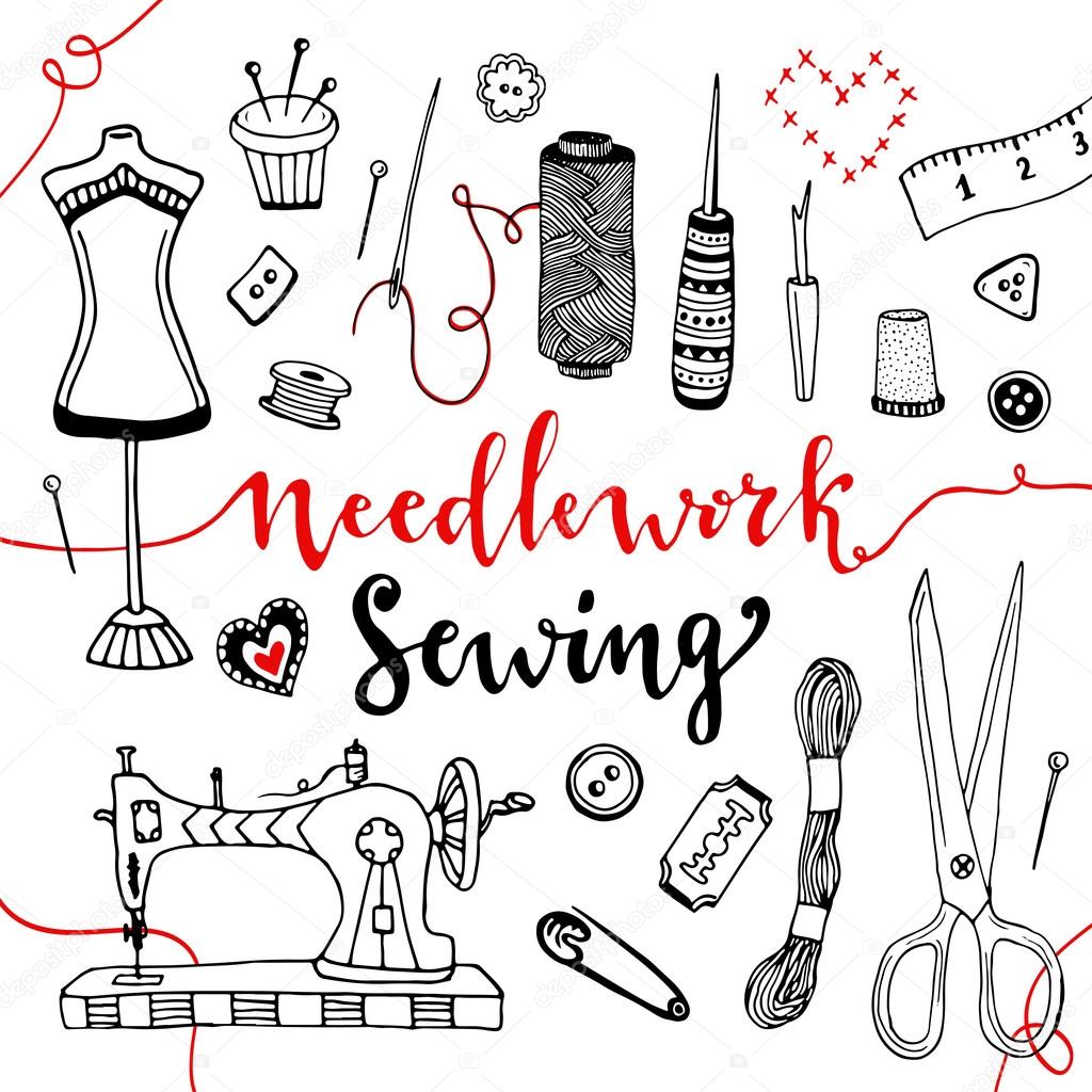 Needlework and sewing equipment and elements. Vector hand drawn doodle art with craft supplies.