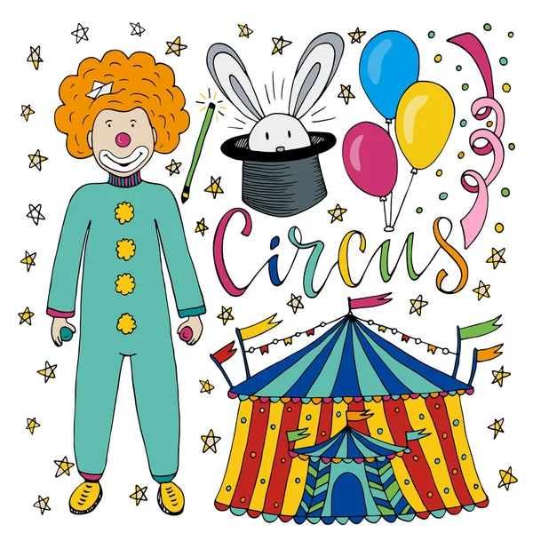 Cirkus hand dras samling med färgglada clownen — Stock vektor