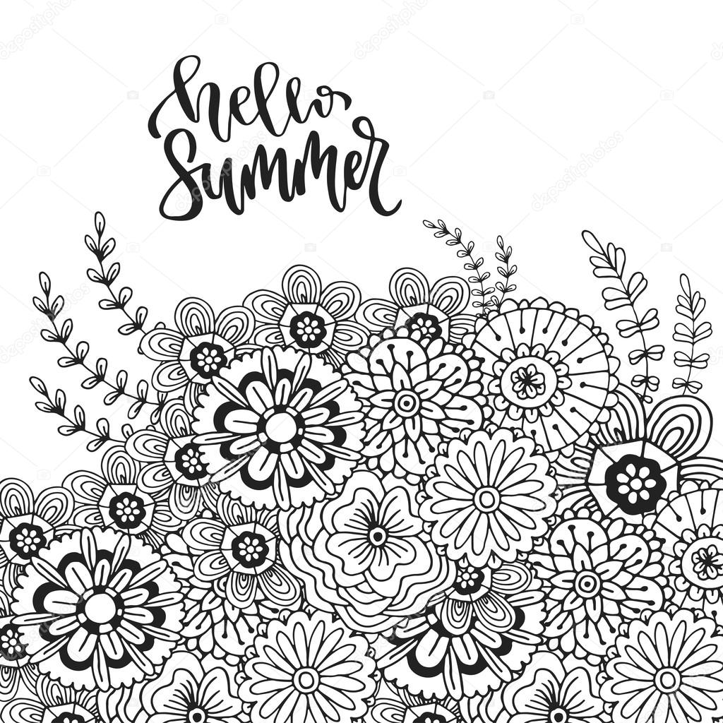 Fiori astratti di vettore per la decorazione Adulto libro da colorare Zentangle arte per il disegno Ciao disegnata a mano di estate di lettering