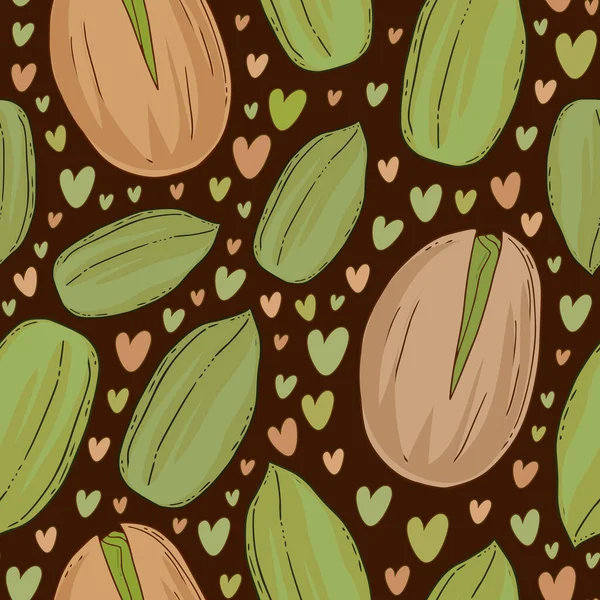 Pistachos Patrón Sin Costuras Con Corazones Lindos Sabrosa Impresión Tuercas — Archivo Imágenes Vectoriales