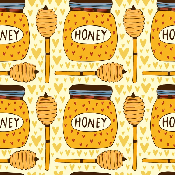 Pattern Honey Jar Dipper Seamless Vector Background Homemade Honey Design — Stock Vector