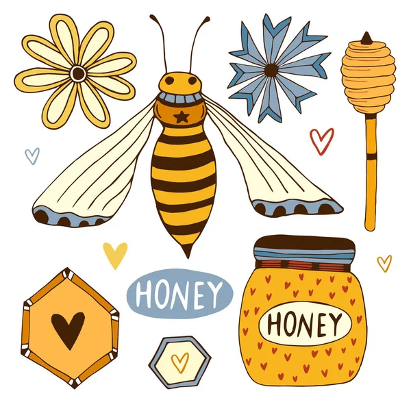 Illustriertes Set Mit Handgezeichneten Bienen Honiggläsern Pfeffer Und Wildblumen Hausgemachte — Stockvektor