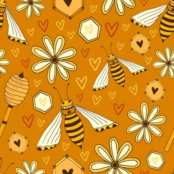 Pattern Bees Honey Dipper Flowers Honey Design Seamless Vector Background — Stock Vector