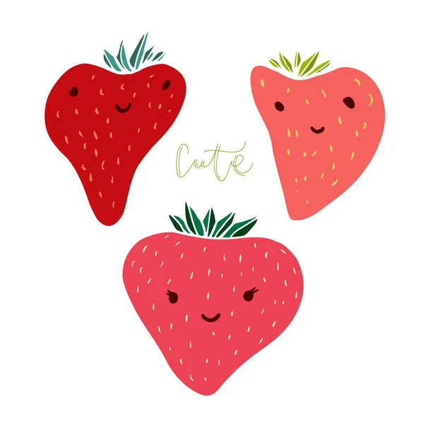 Lindos Personajes Fresas Fresa Divertida Para Diseño Infantil Impreso — Vector de stock