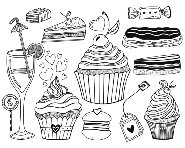 Sweet Desserts Collection Hand Drawn Food Illustrations Candies Piece Cakes — Stock Vector