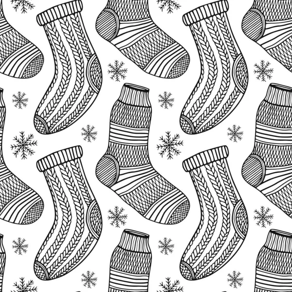 手描きのスタイルでニットソックスシームレスパターン 冬巻き紙 ぬり絵ページ — ストックベクタ
