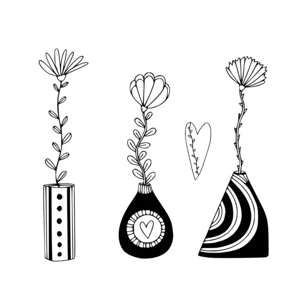 可愛い花瓶に花 花の室内印刷手描き — ストックベクタ