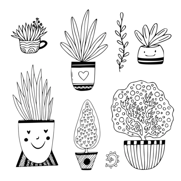 Hand Drawn Houseplants Set Doodle Florals Pots Vector Cute Interior — Stock Vector