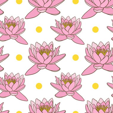 Sarı noktalı, pürüzsüz pembe nilüfer deseni. Moda tekstil tasarımı