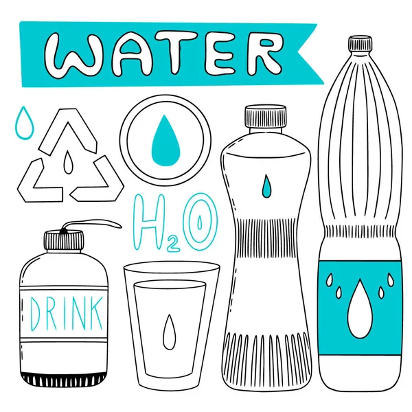 Wasserflaschen und Recycling-Symbole. Illustrierte Kollektion mit H2O-Flaschen und Becher. Handgezeichnetes Set. — Stockvektor