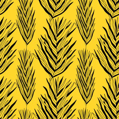 Sarı arka planda tropik modern yaprak deseni. Paket kağıdı, tekstil ve duvar kağıdı tasarımı için kullanılabilir