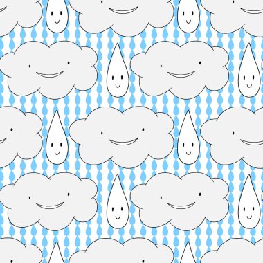 Güzel yağmurlu bulutlar ve mutlu damlalarla kusursuz bir düzen. Komik çocuksu bir geçmişi var. Pijama kumaş tasarımı