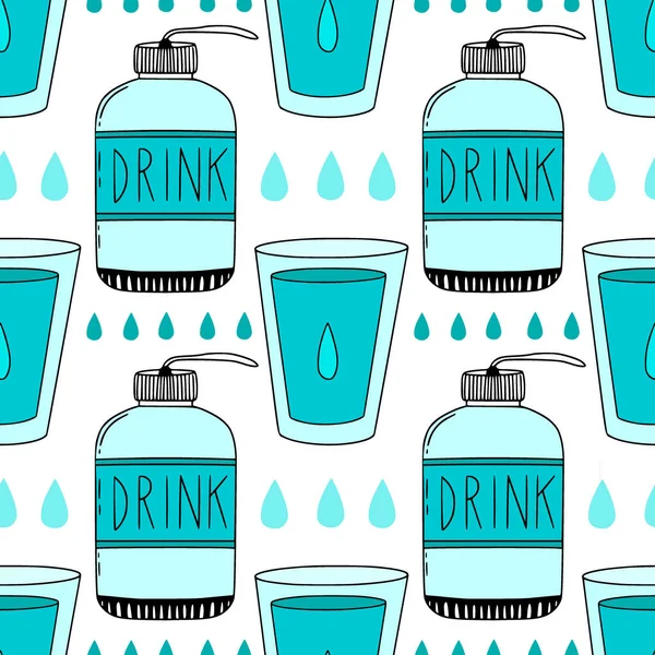 Para ir botellas de agua, gotas y gafas patrón vectorial. Fondo web o diseño de envases. — Archivo Imágenes Vectoriales