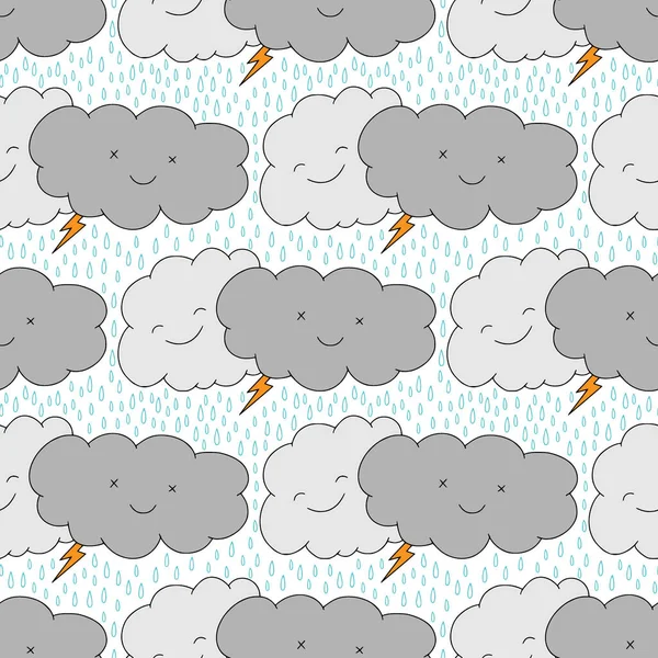 Modèle Sans Couture Avec Des Nuages Pluvieux Drôles Kawaii Fond — Image vectorielle