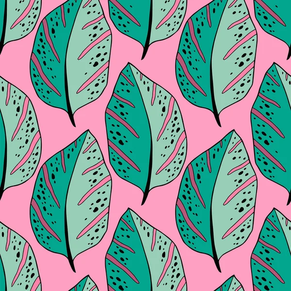 Pola daun tropis berwarna hijau dan merah muda. Desain tekstil eksotis dengan daun evergreen - Stok Vektor