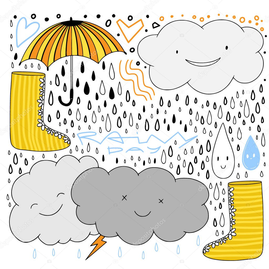 Rainy weather illustrated doodles. Clouds, umbrella and rubber boots. Hand drawn sketch illustration