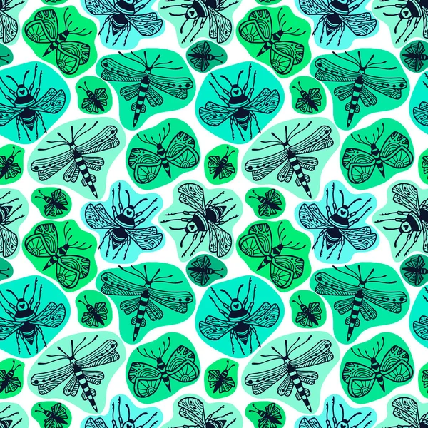 Insectos Patrón Sin Costura Fondo Colores Verdes Diseño Impresión Textil — Archivo Imágenes Vectoriales