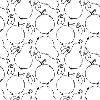 Elle çizilmiş armut deseni. Doğrusal armutlar ve kızılcık üzümleriyle biçimlendirilmiş dikişsiz arkaplan