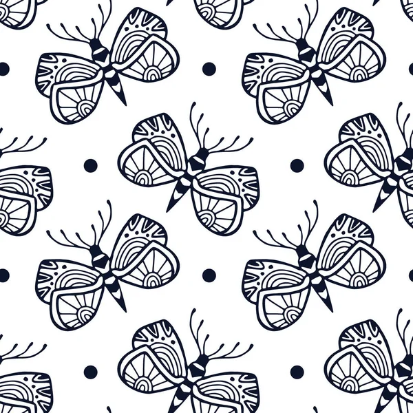 Papillons Motif Sans Couture Dans Style Décoratif Dessiné Main Bloc — Image vectorielle