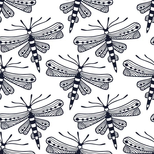 Стрекозы Бесшовный Узор Декоративном Стиле Ручной Работы Текстильный Дизайн Блочной — стоковый вектор
