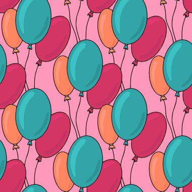 Pembe arka planda renkli balonları olan kusursuz doğum günü şablonu. Çocuksu tatiller için kutlama baskısı.