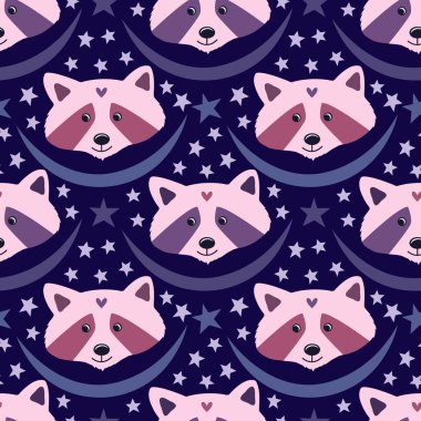 Pijama tasarımı ya da pijama partisi dekorasyonu için mavi arka planda mor ve pembe renkli şirin rakunlar..