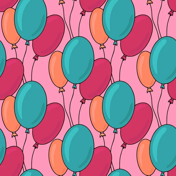 Modello senza cuciture di compleanno con palloncini colorati su sfondo rosa. Stampa di celebrazione per feste infantili. — Vettoriale Stock