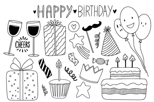 Colección dibujada cumpleaños con elementos garabatos lindo. Decoración del esquema de la tarjeta de felicitación para felices fiestas. — Vector de stock