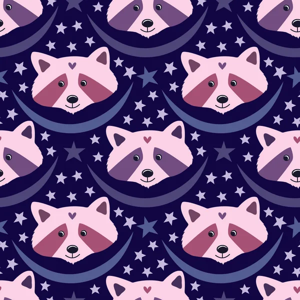 Cute racoons in purple and pink purple colors on blue background for pajamas design or slumber party decorations. — Stock Vector