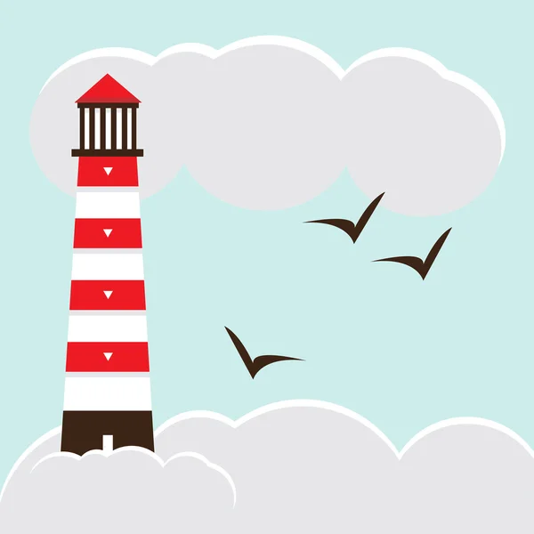 Lighthouse sky birds flat illustration — Stock Vector