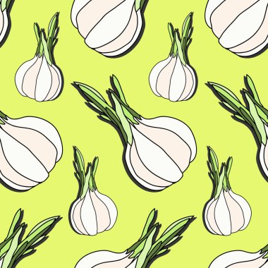 Elle çizilmiş sarımsak, tasarım öğeleri ile zarif seamless modeli. Kullanılabilir davetiye, tebrik kartları, scrapbooking, baskı, hediye paketi, üretim için. Gıda vektör arka plan